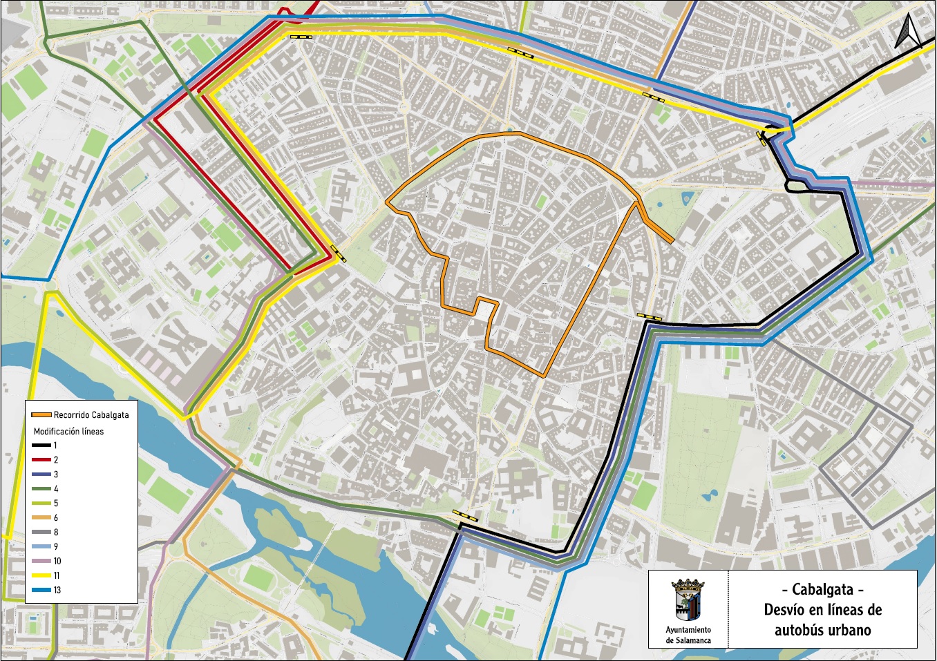 Plano con el recorrido de la Cabalgata de Reyes y los desvíos de las líneas de autobús