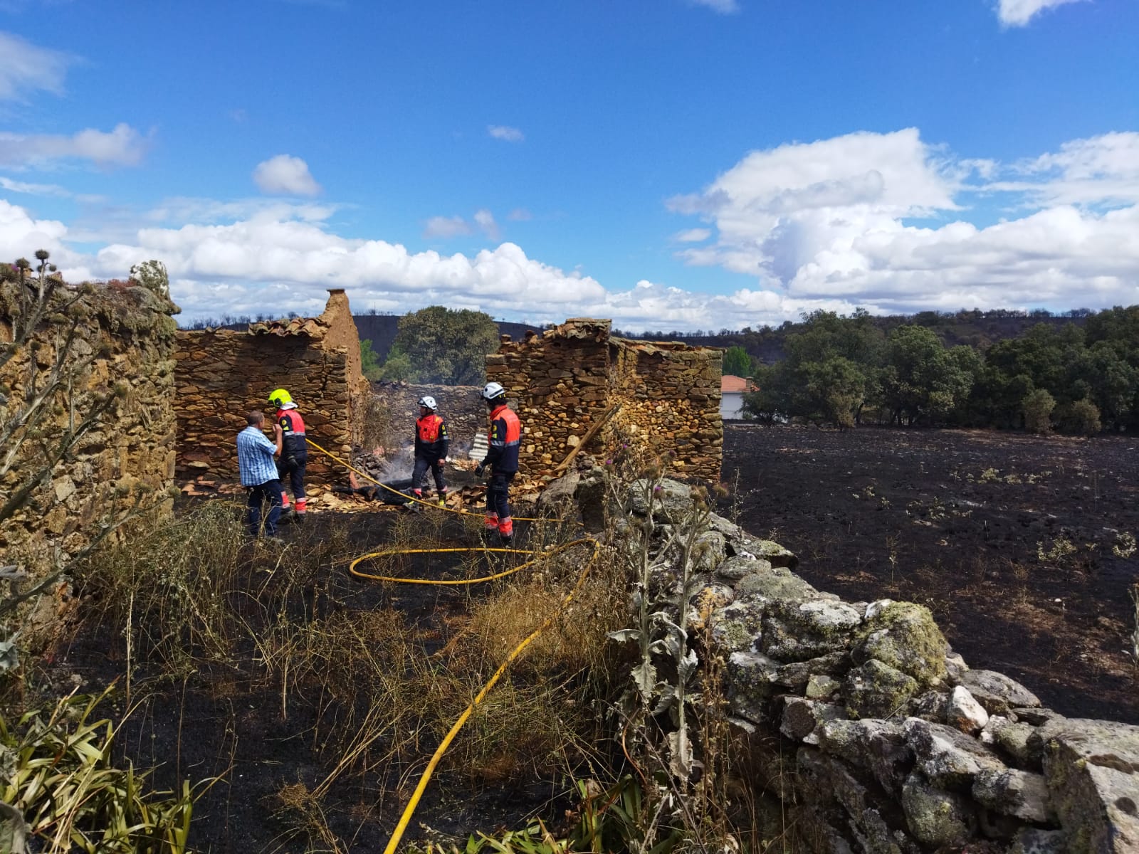 La dotacion de bomberos de Salamanca que ya esta trabajando en el nucleo urbano de Villar de Farfon