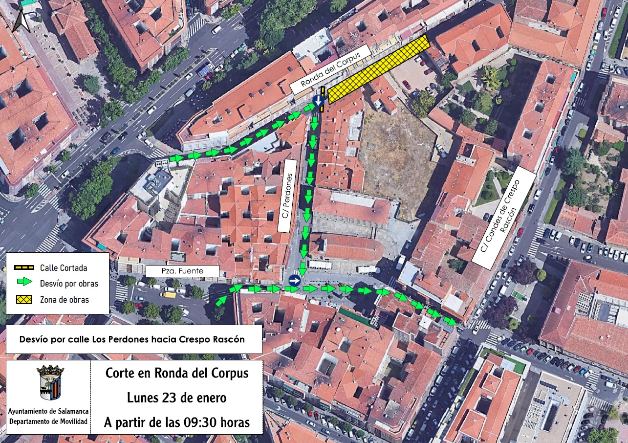 Corte de trafico en la Ronda del Corpus y desvio por calle Perdones hacia Condes de Crespo Rascon