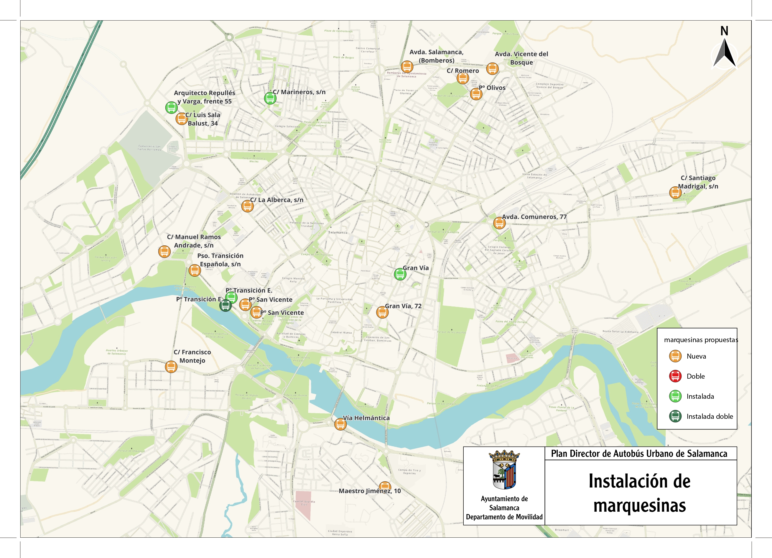 Mapa con las nuevas marquesinas de autobus urbano