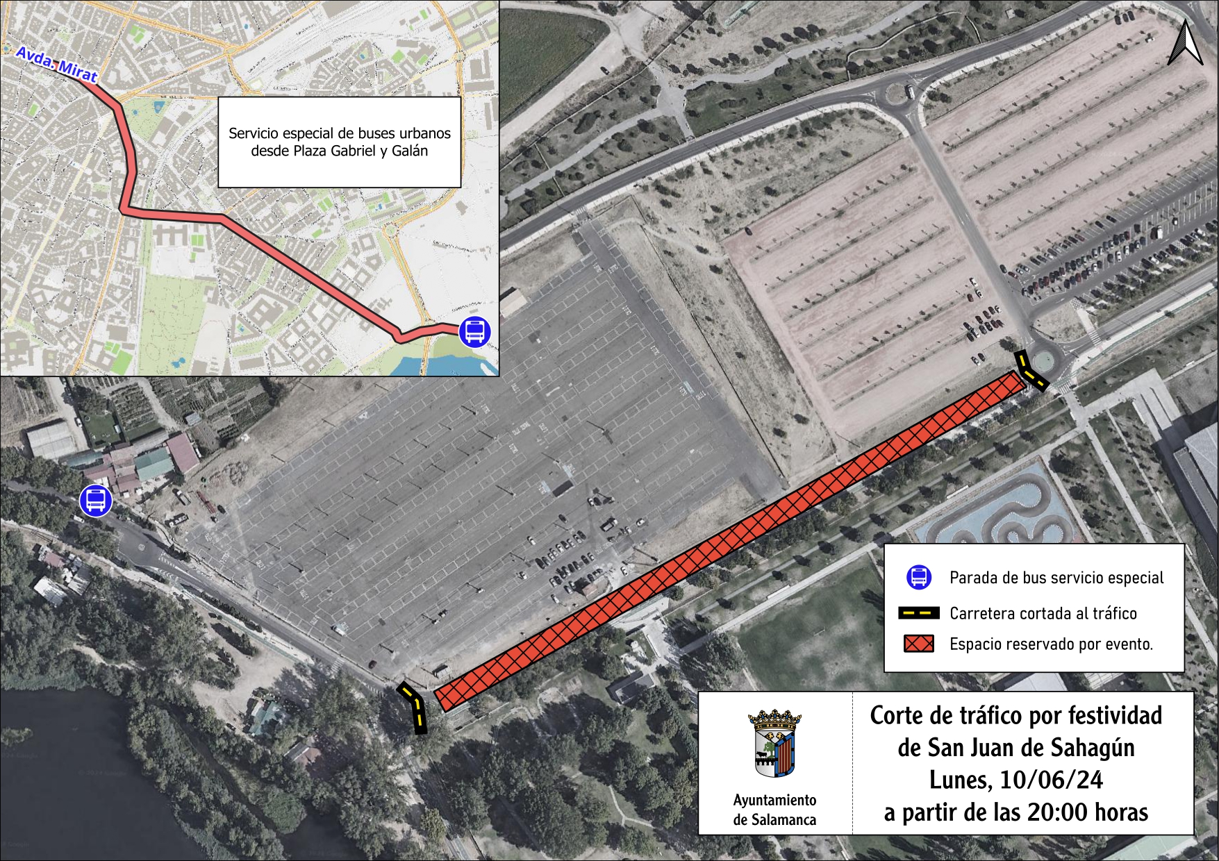 Mapa que indica el corte de trafico y el servicio especial de autobuses
