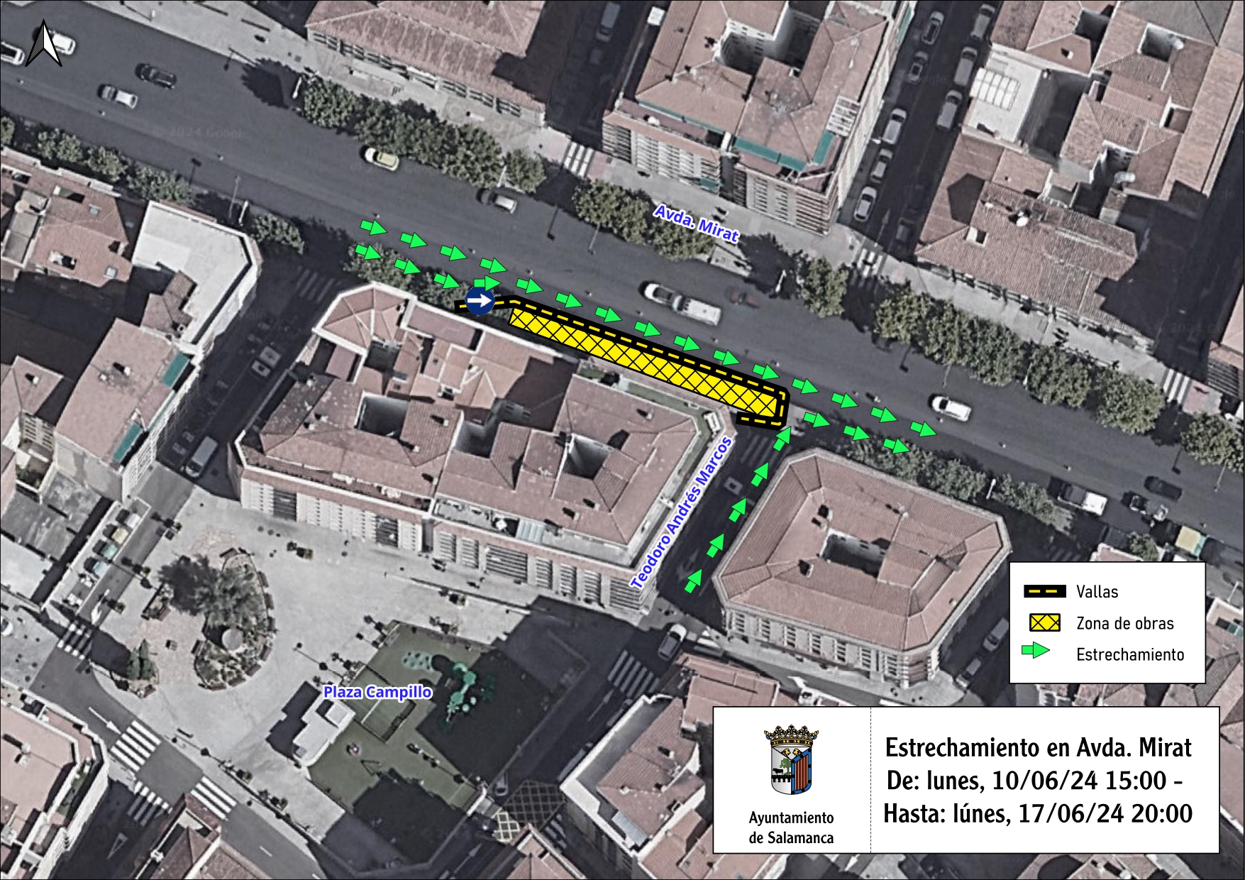 Mapa que indica el estrechamiento en la avenida de Mirat